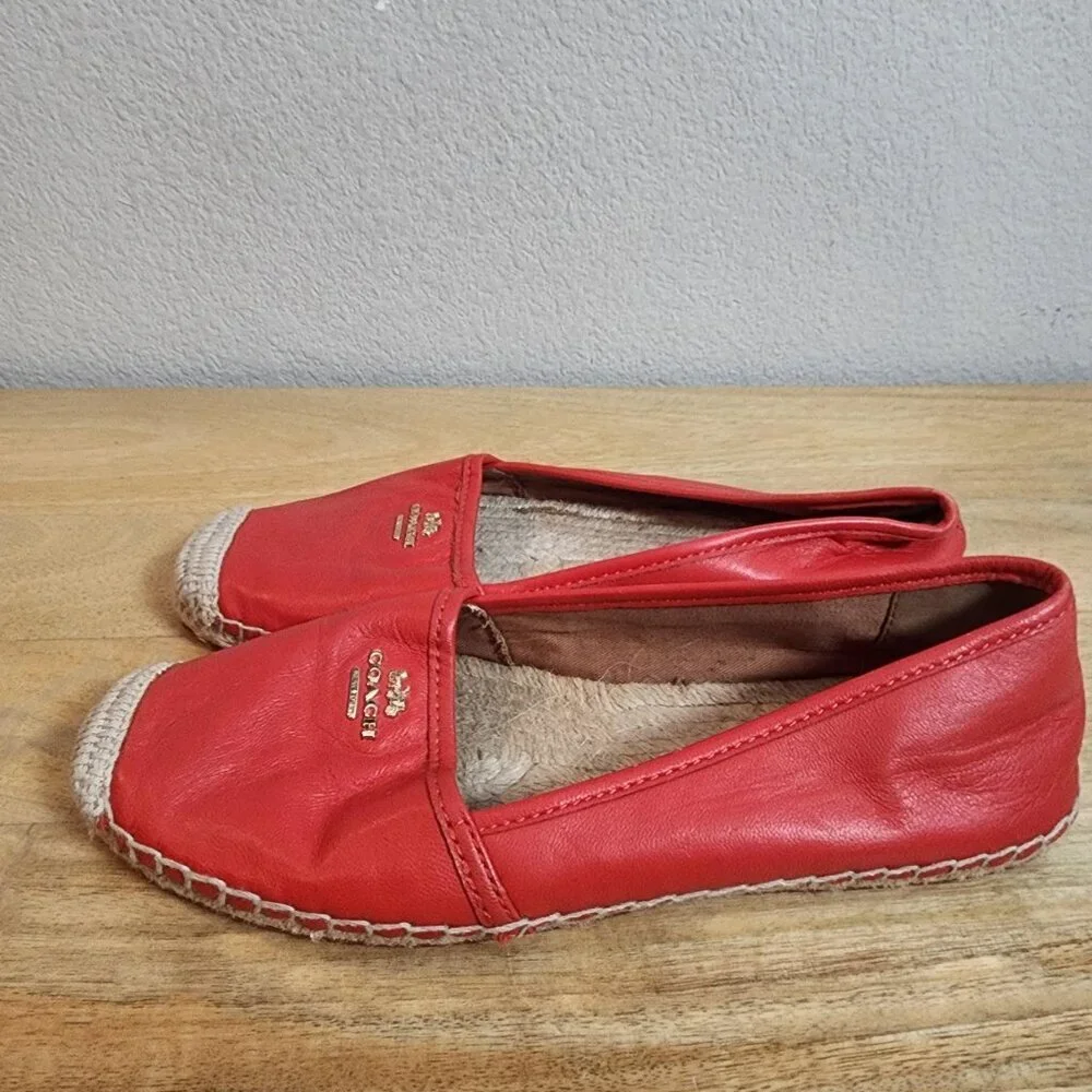 Coach Shoes Womens Size 7.5 Red Leather Espadrille Flats Logo Casual